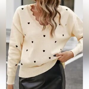 Ivory Knit Sweater Black Hearts Scalloped Neckline Shein XS